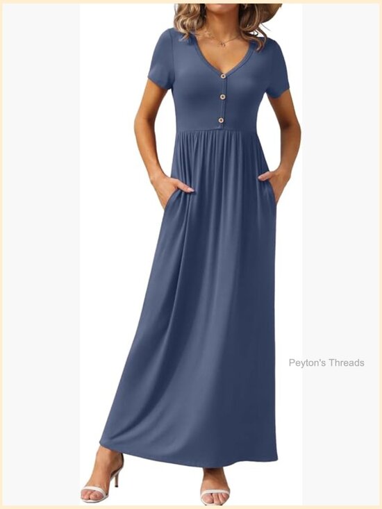 Womens Long Maxi Dress Short Sleeve V Neck Casual Button Dress with Pockets